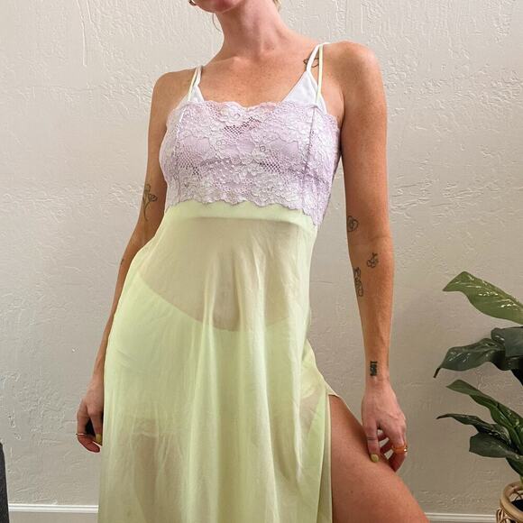 Y2K Victoria's Secret Lime Green Lace Maxi Slip Dress w/ Slit - Picture 5 of 7